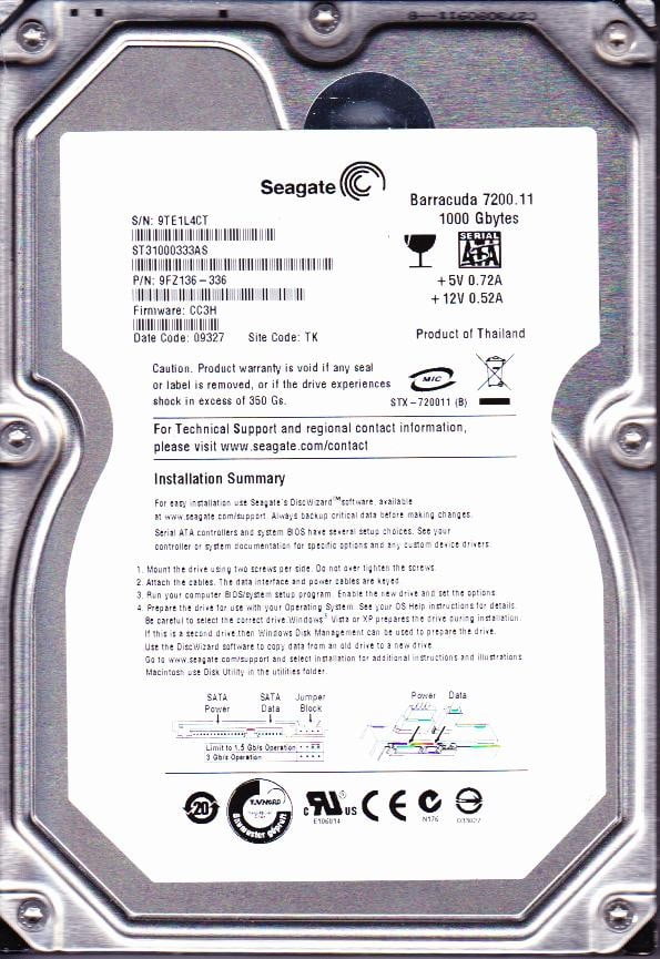 ST31000333AS - Seagate 7200.11 1TB 7.2KRPM SATA 3GB/s Hard Drive